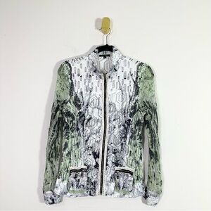 Alberto Makali New York White Green Distressed Abstract Print Zip Up Jacket